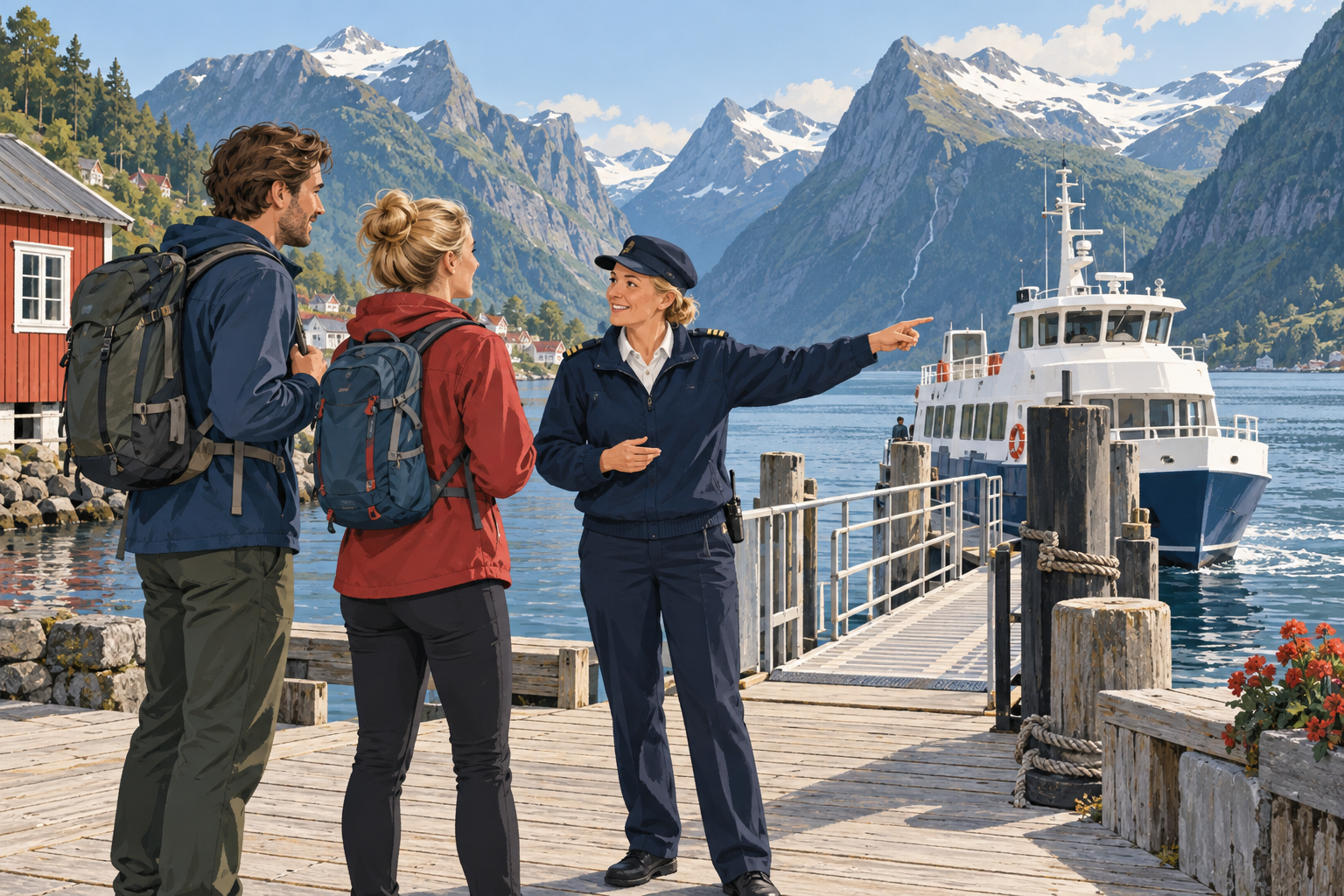 Illustration: Wandernde fragen an einem norwegischen Fähranleger nach dem Weg